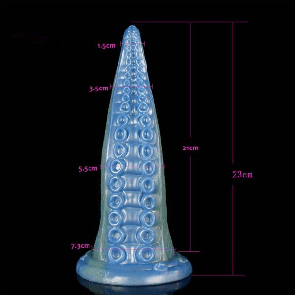 A blue silicone fantasy dildo with a unique tentacle shape, featuring multiple textured ridges and a suction cup base.