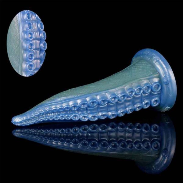 A blue silicone fantasy dildo with a unique tentacle shape, featuring multiple textured ridges and a suction cup base.