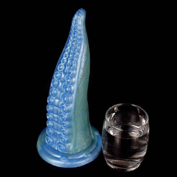 A blue silicone fantasy dildo with a unique tentacle shape, featuring multiple textured ridges and a suction cup base.