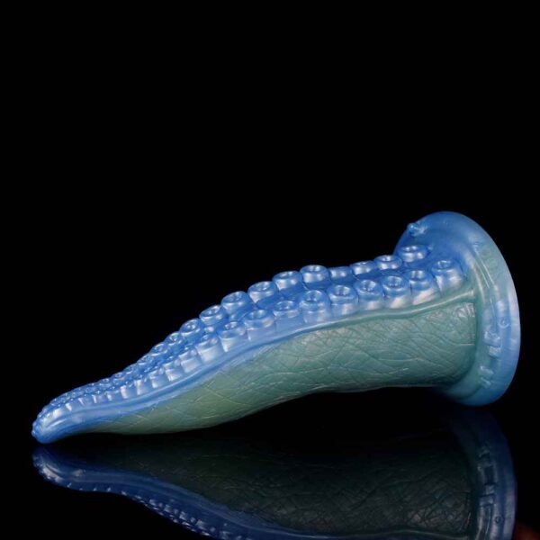 A blue silicone fantasy dildo with a unique tentacle shape, featuring multiple textured ridges and a suction cup base.