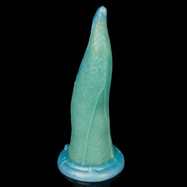 A blue silicone fantasy dildo with a unique tentacle shape, featuring multiple textured ridges and a suction cup base.