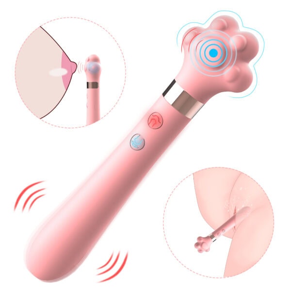 A pink silicone vibrator with a cat paw design